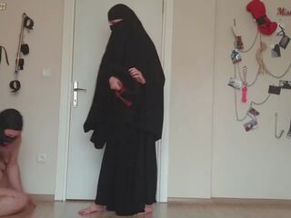 Muslim damsel canes fat slave